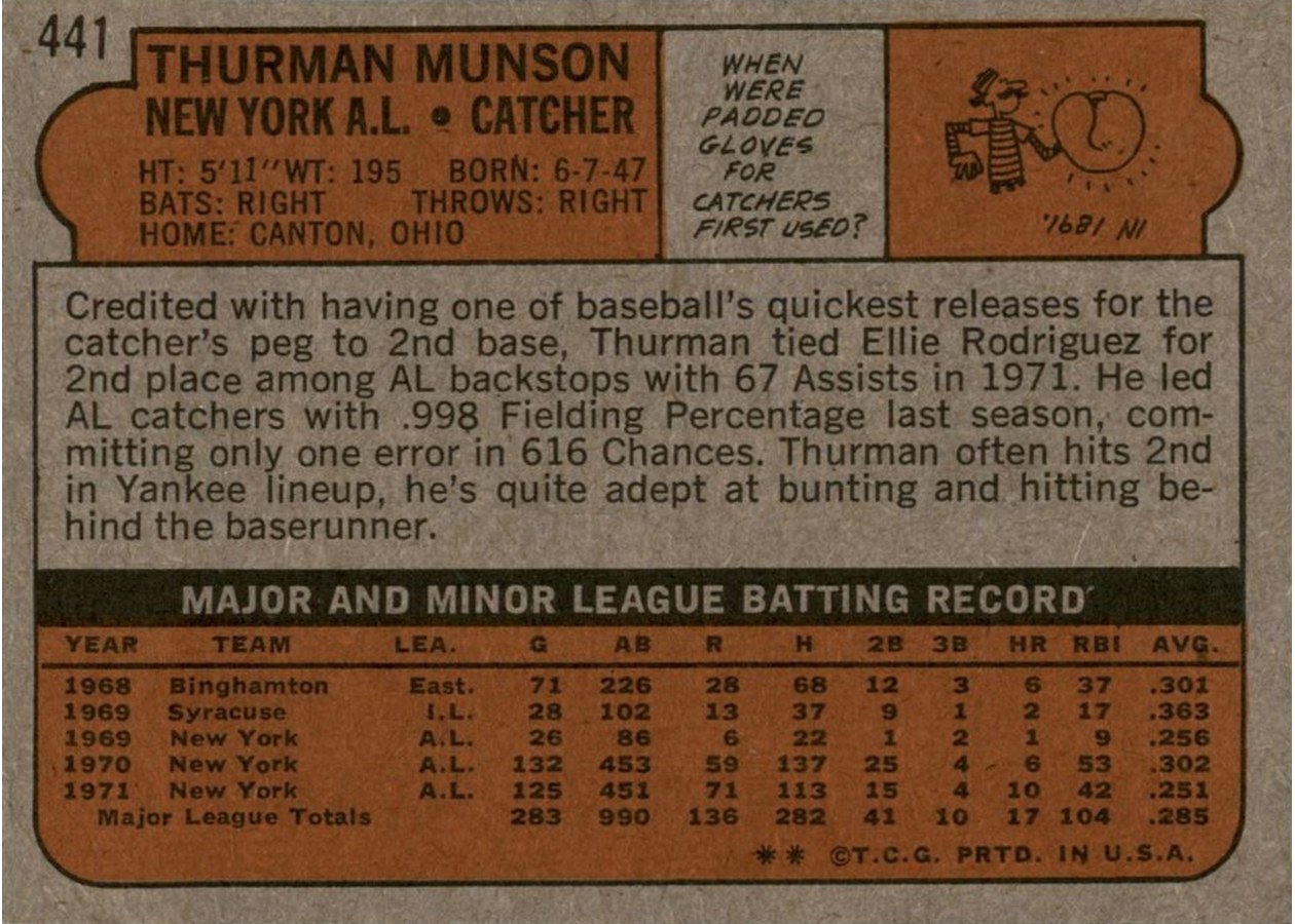 1972 Topps #441 Thurman Munson card back