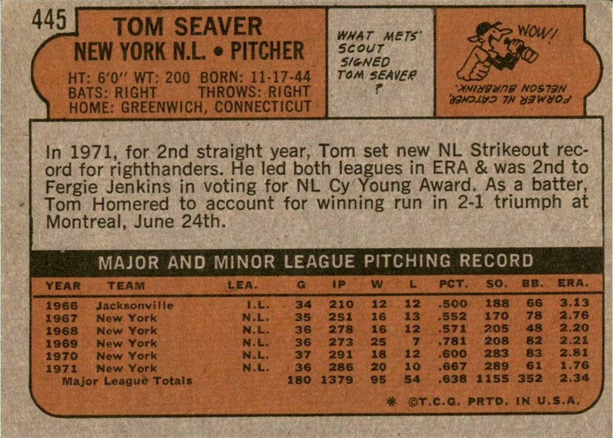 1972 Topps #445 Tom Seaver card back