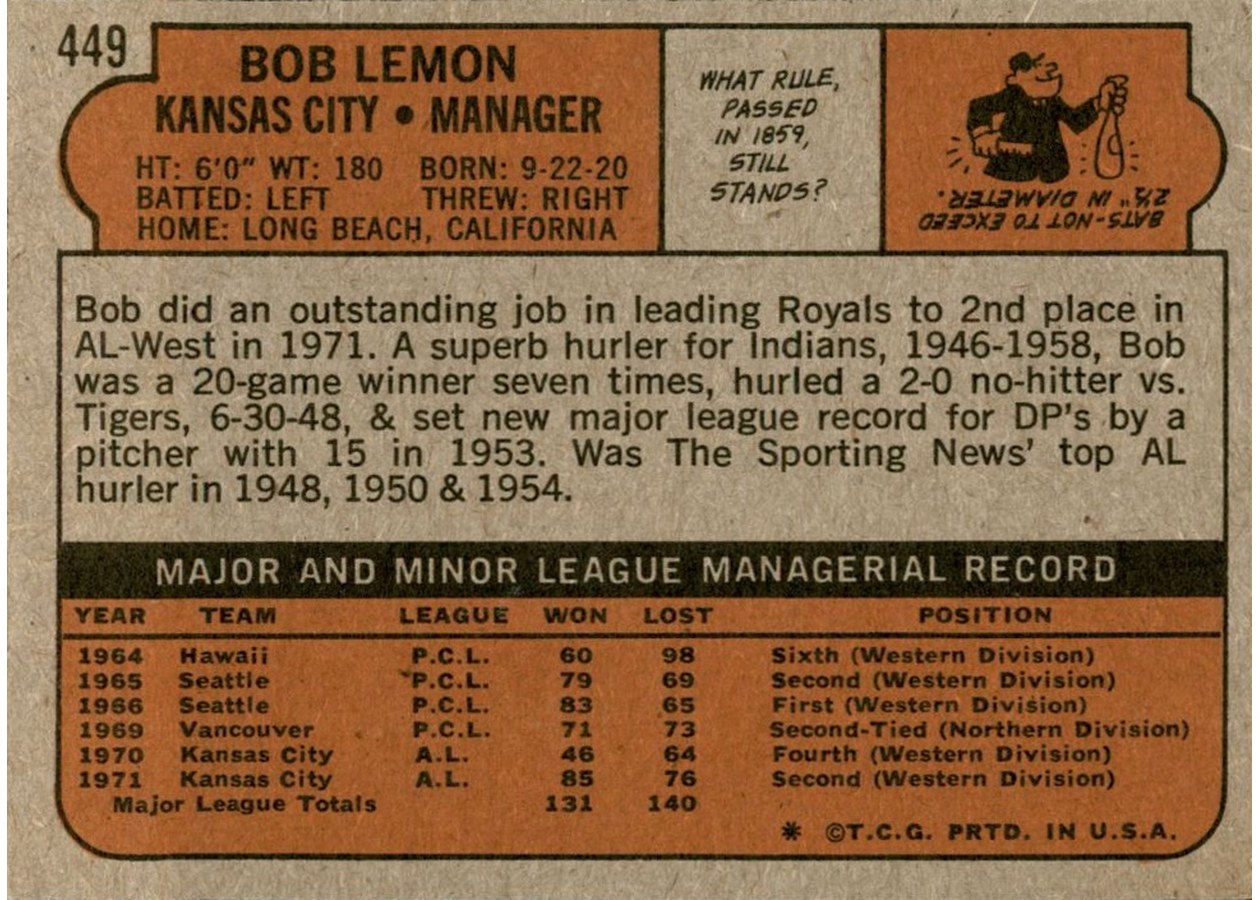 1972 Topps #449 Bob Lemon card back