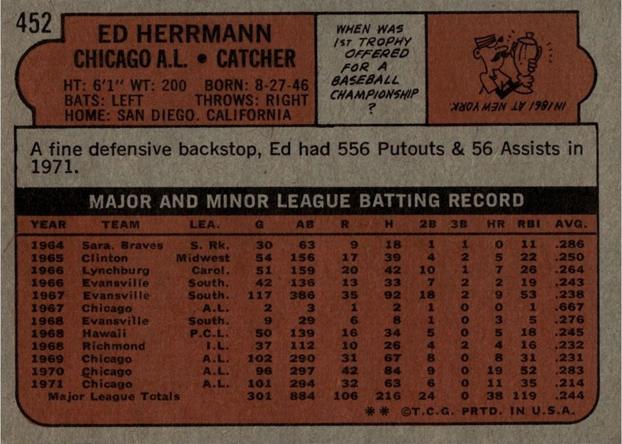1972 Topps #452 Ed Herrmann card back