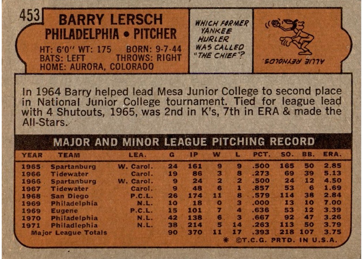 1972 Topps #453 Barry Lersch card back