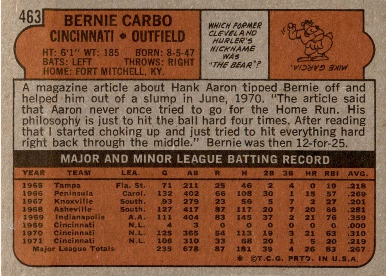 1972 Topps #463 Bernie Carbo card back