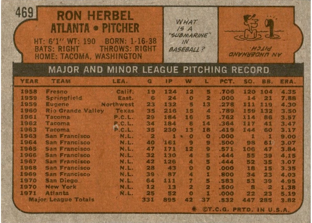 1972 Topps #469 Ron Herbel card back