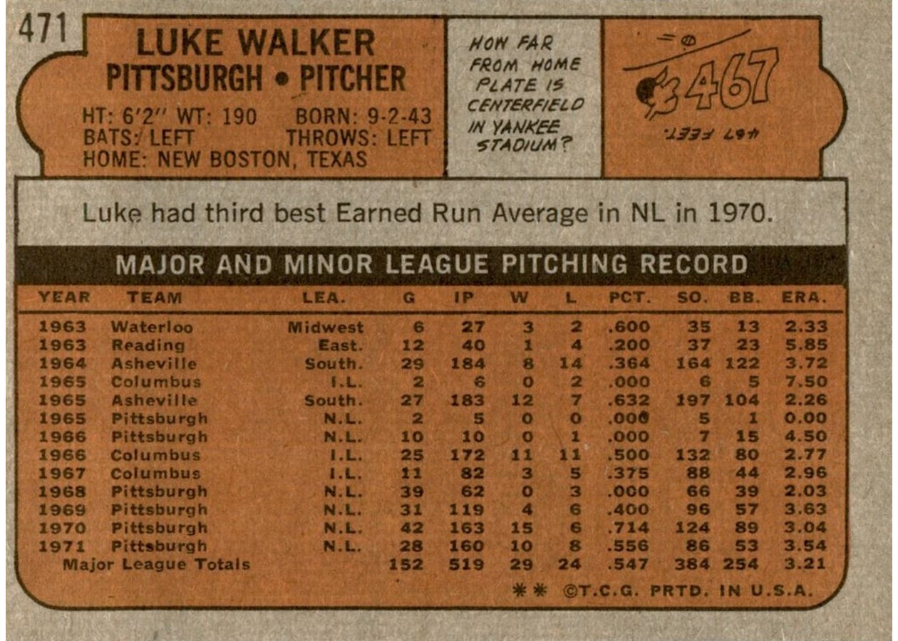 1972 Topps #471 Luke Walker card back