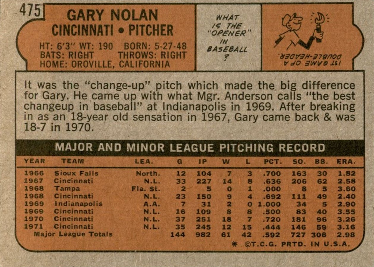 1972 Topps #475 Gary Nolan card back