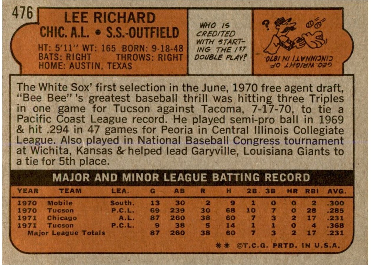 1972 Topps #476 Lee Richard card back