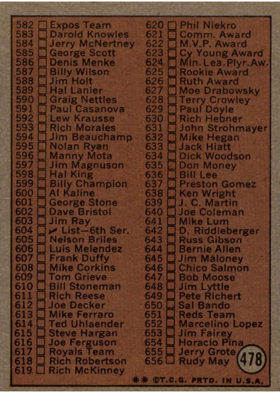 1972 Topps #478 Checklist 5th Series card back