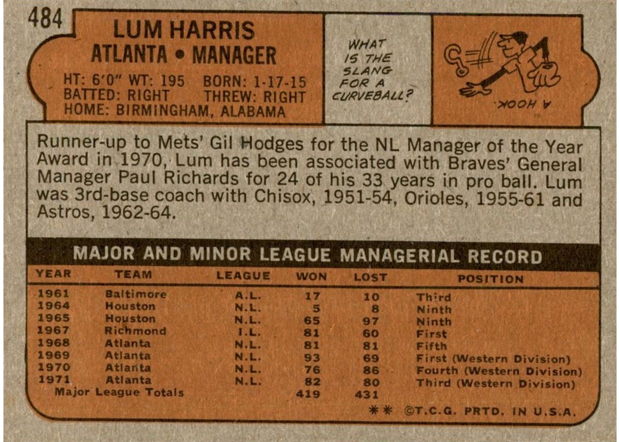 1972 Topps #484 Lum Harris card back