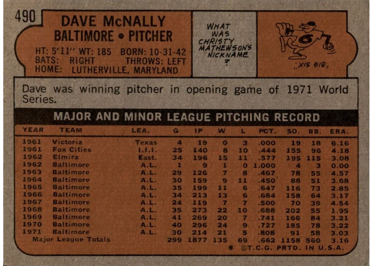 1972 Topps #490 Dave McNally card back