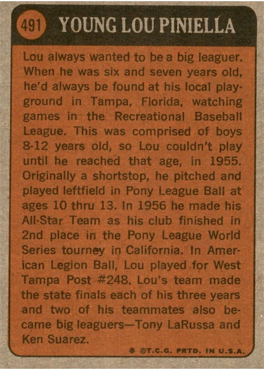1972 Topps #491 Lou Piniella card back