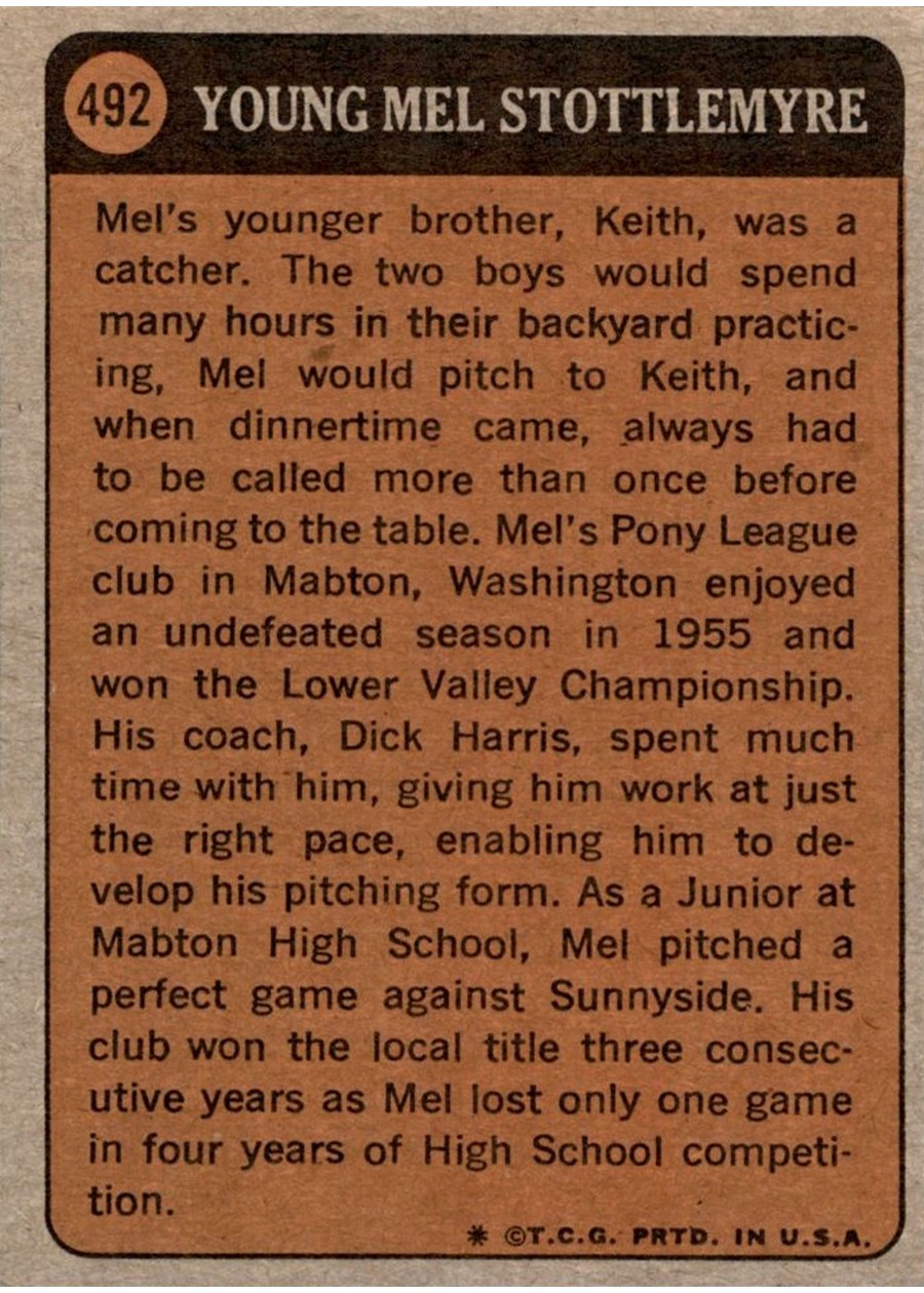 1972 Topps #492 Mel Stottlemyre card back