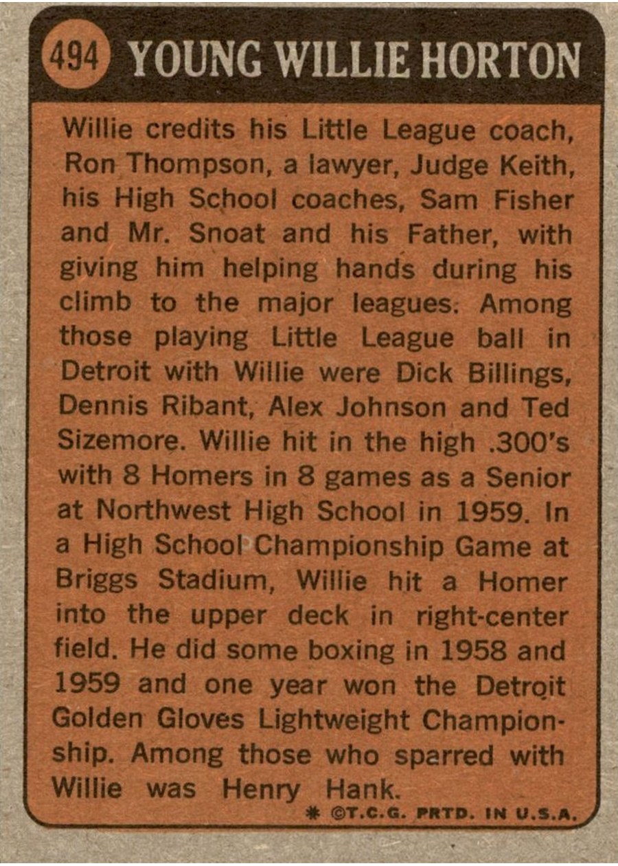 1972 Topps #494 Willie Horton card back