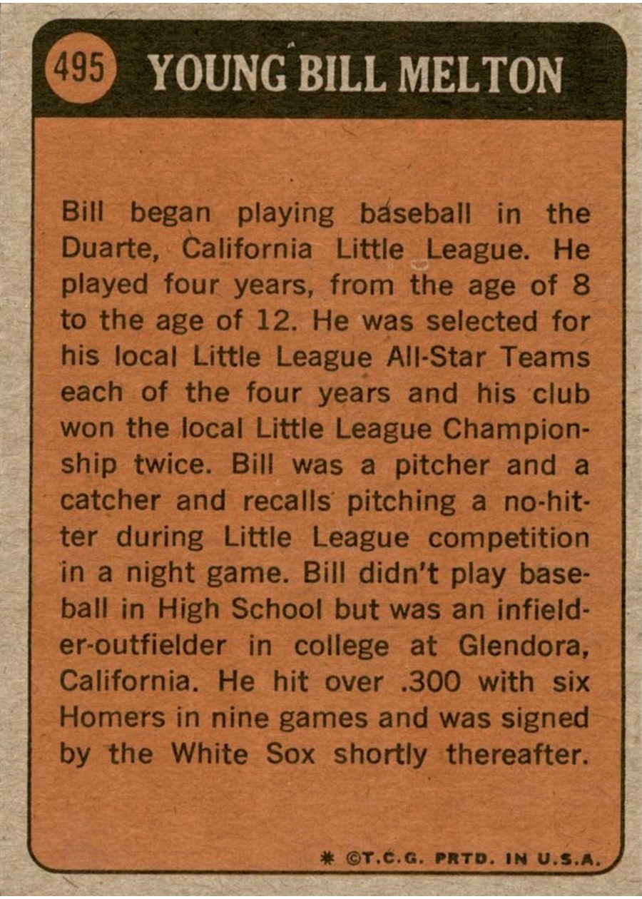 1972 Topps #495 Bill Melton card back