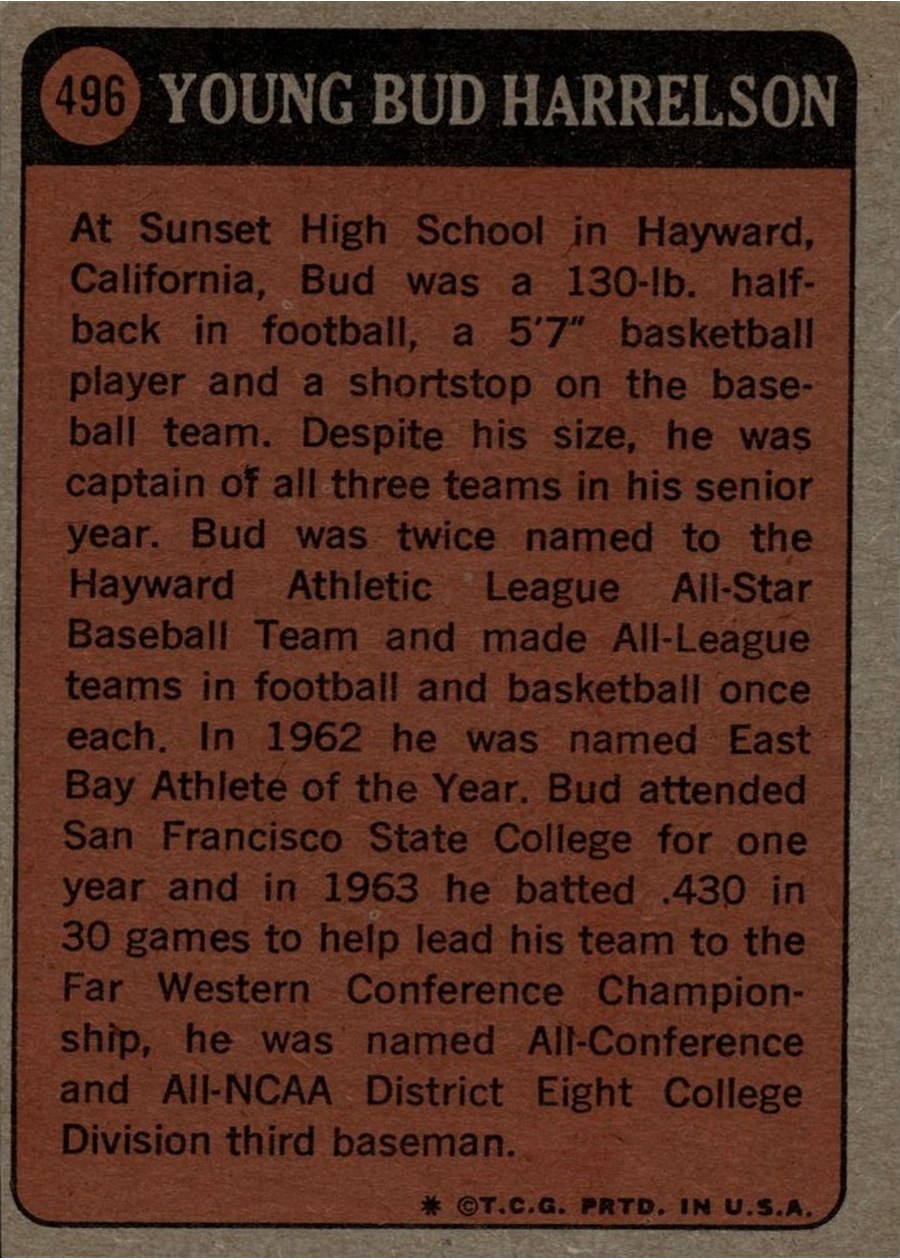 1972 Topps #496 Bud Harrelson card back
