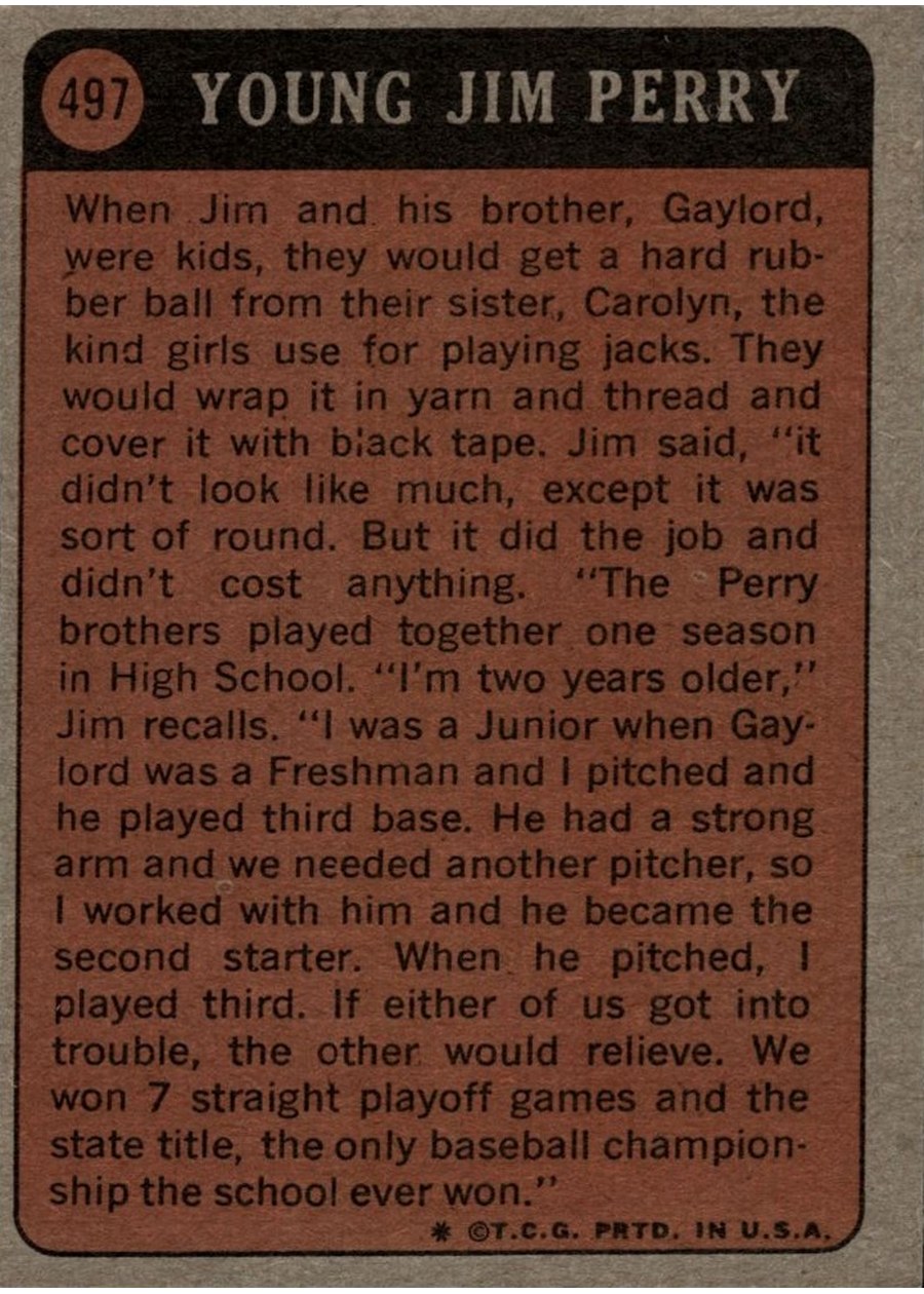 1972 Topps #497 Jim Perry card back