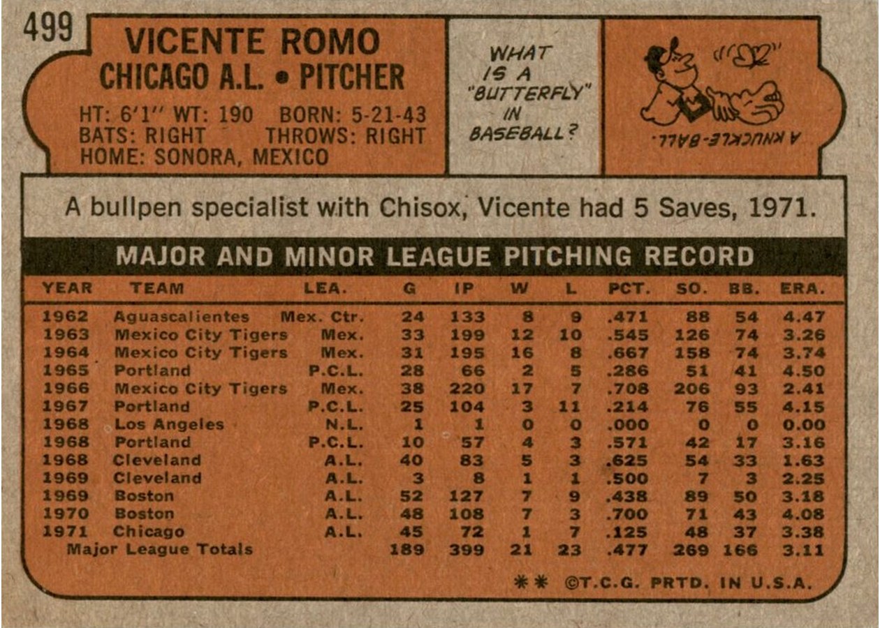 1972 Topps #499 Vicente Romo card back