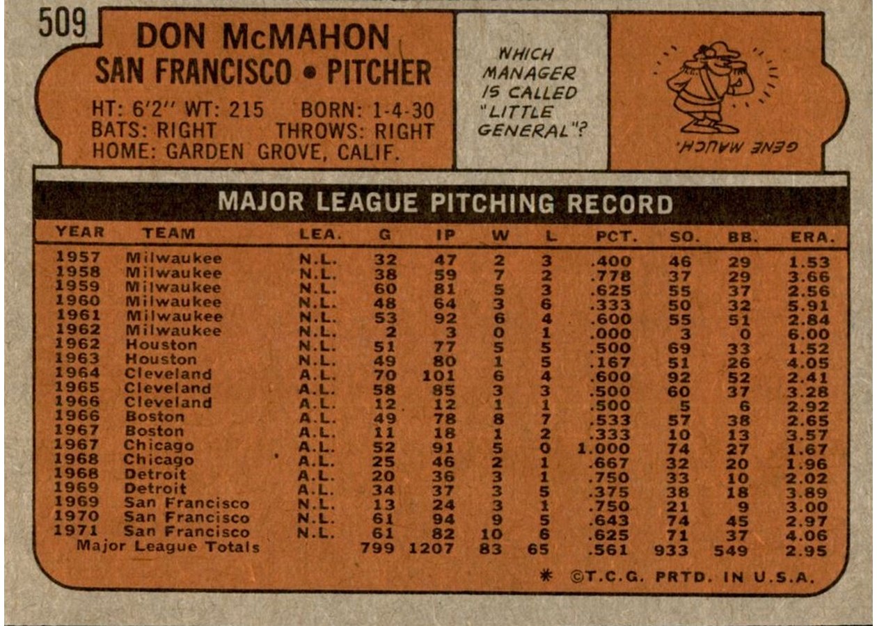 1972 Topps #509 Don McMahon card back