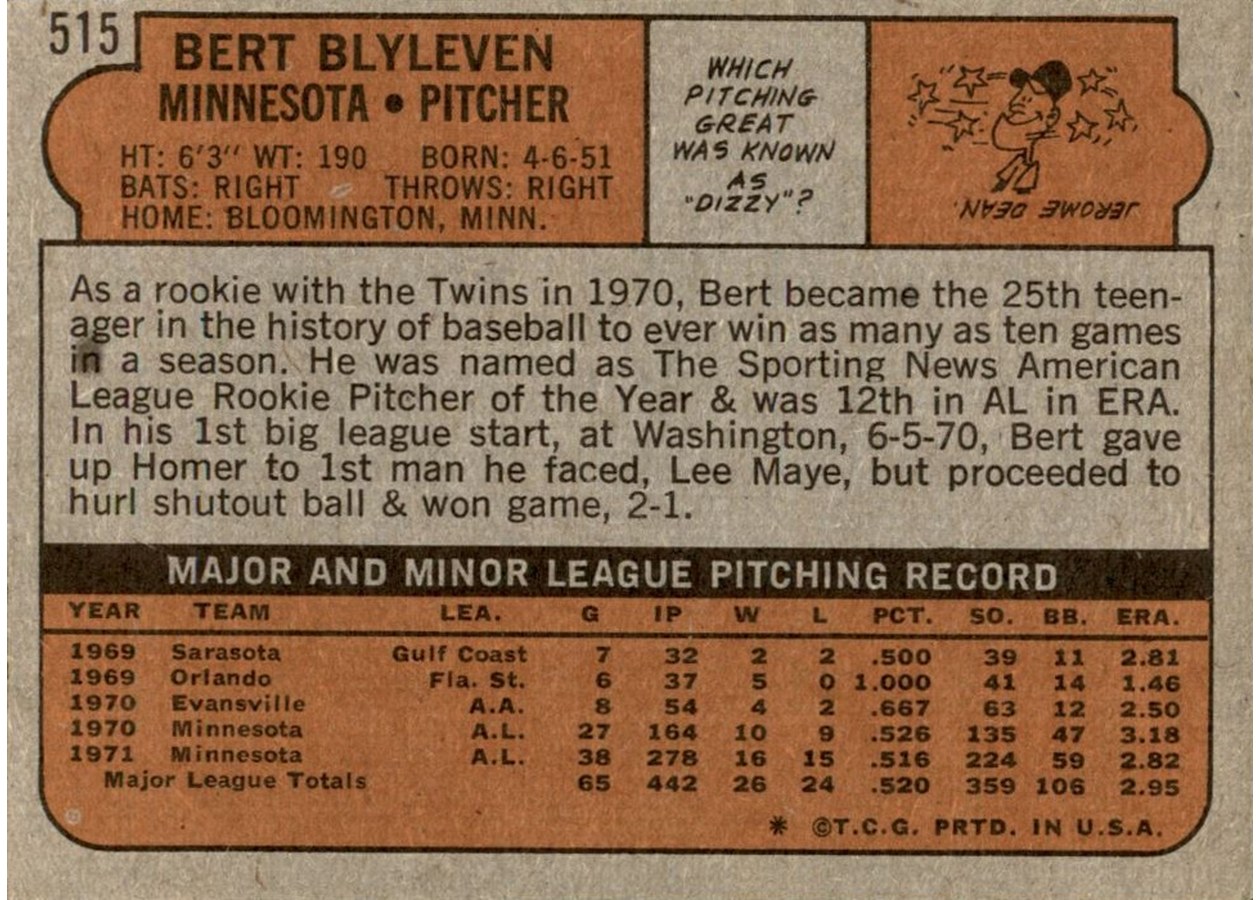 1972 Topps #515 Bert Blyleven card back