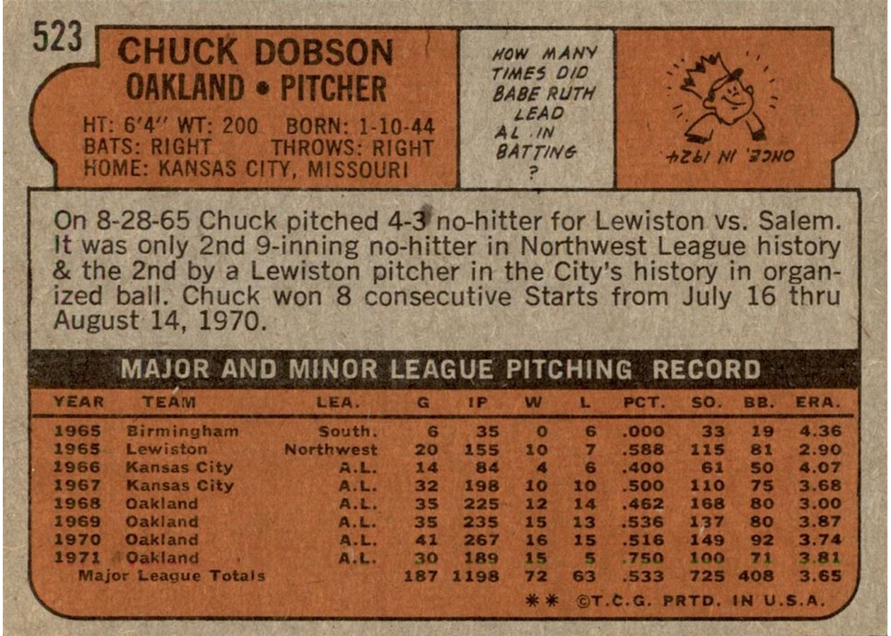 1972 Topps #523 Chuck Dobson card back