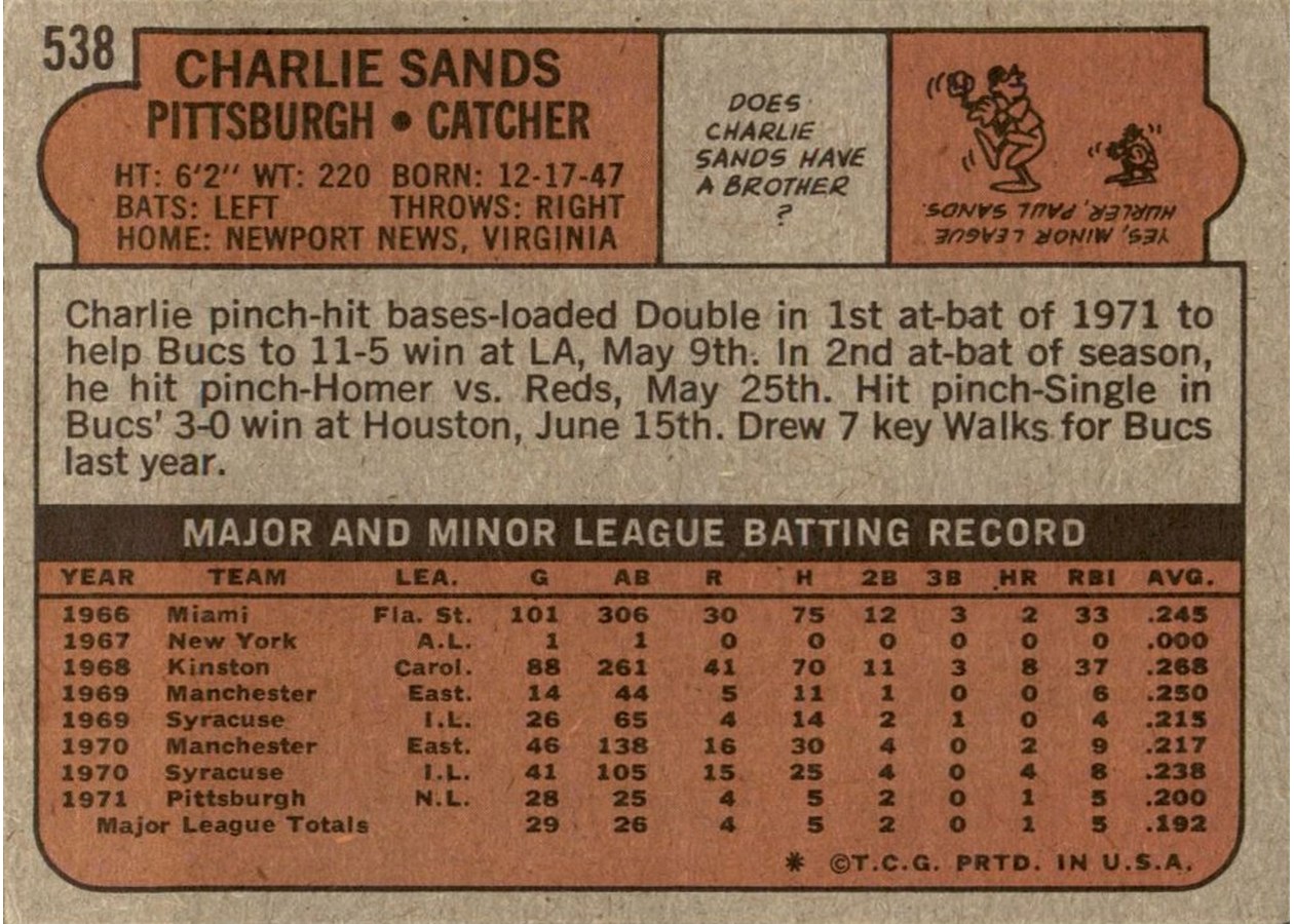 1972 Topps #538 Charlie Sands card back