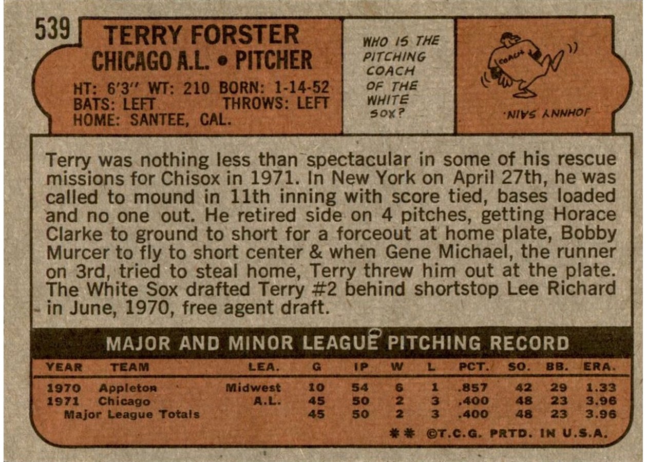 1972 Topps #539 Terry Forster card back