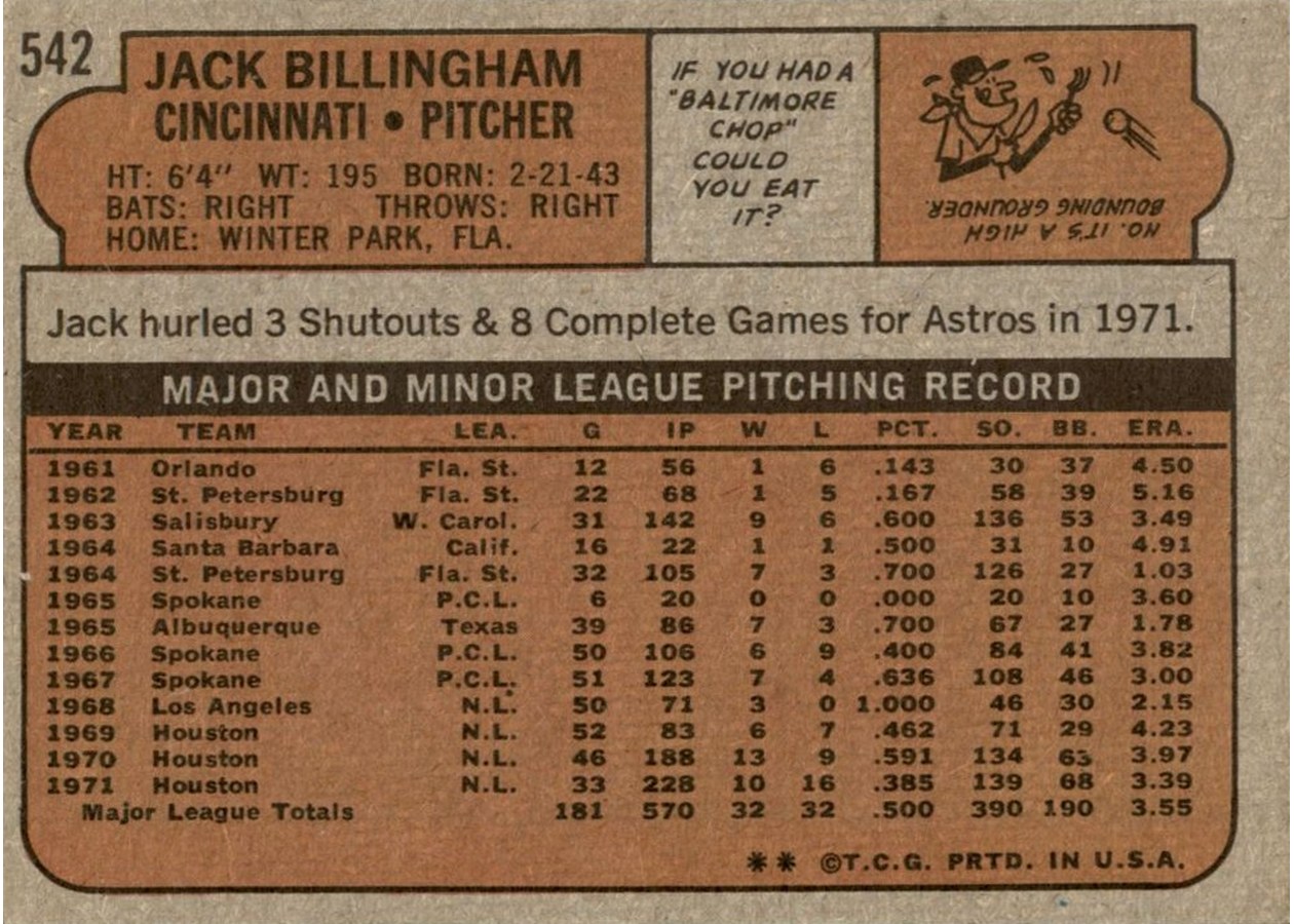 1972 Topps #542 Jack Billingham card back