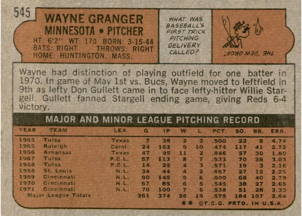 1972 Topps #545 Wayne Granger card back