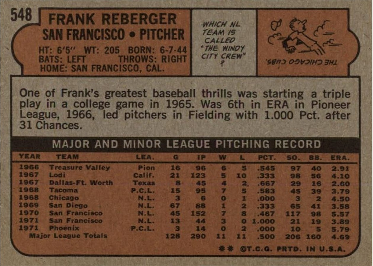 1972 Topps #548 Frank Reberger card back