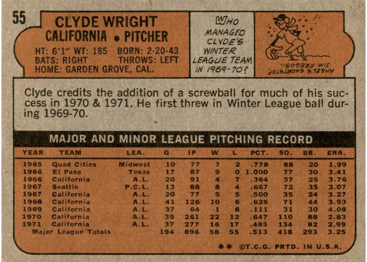 1972 Topps #55 Clyde Wright card back