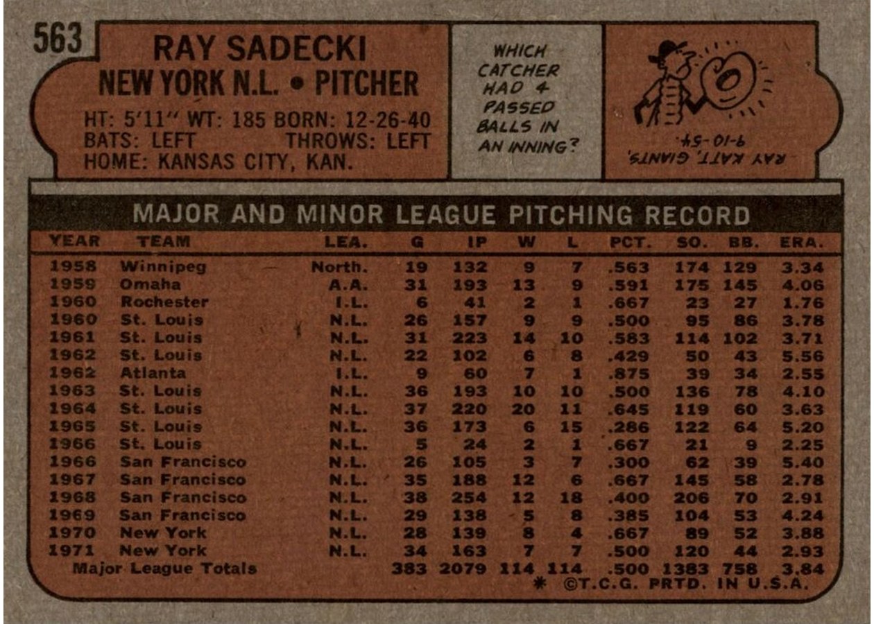 1972 Topps #563 Ray Sadecki card back
