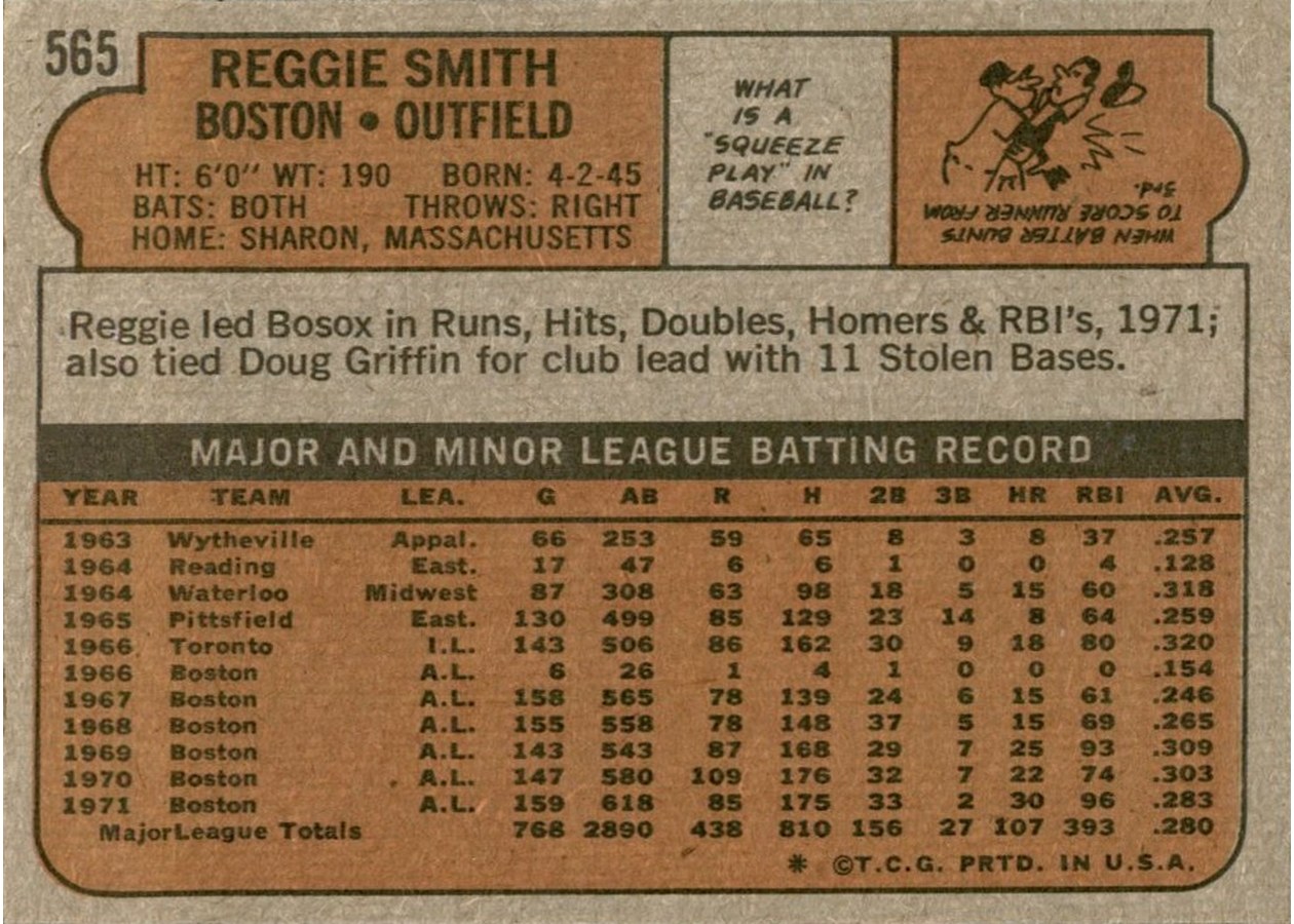 1972 Topps #565 Reggie Smith card back