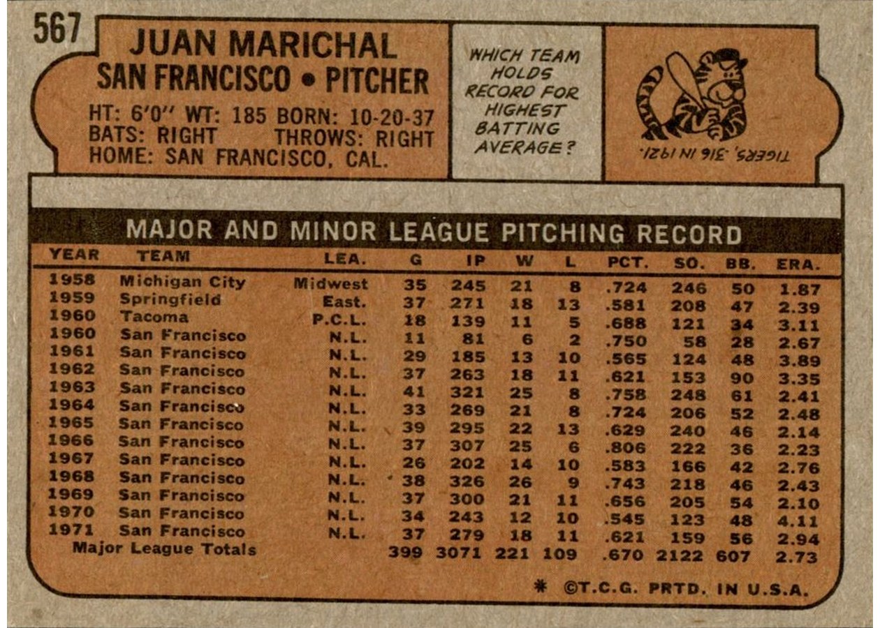 1972 Topps #567 Juan Marichal card back