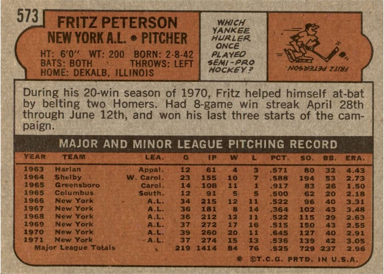 1972 Topps #573 Fritz Peterson card back