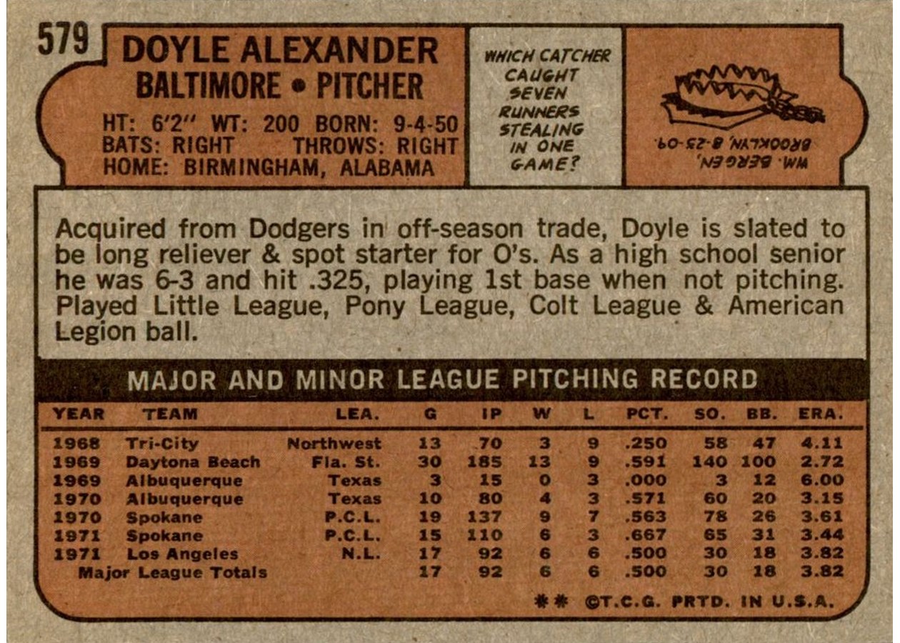1972 Topps #579 Doyle Alexander card back