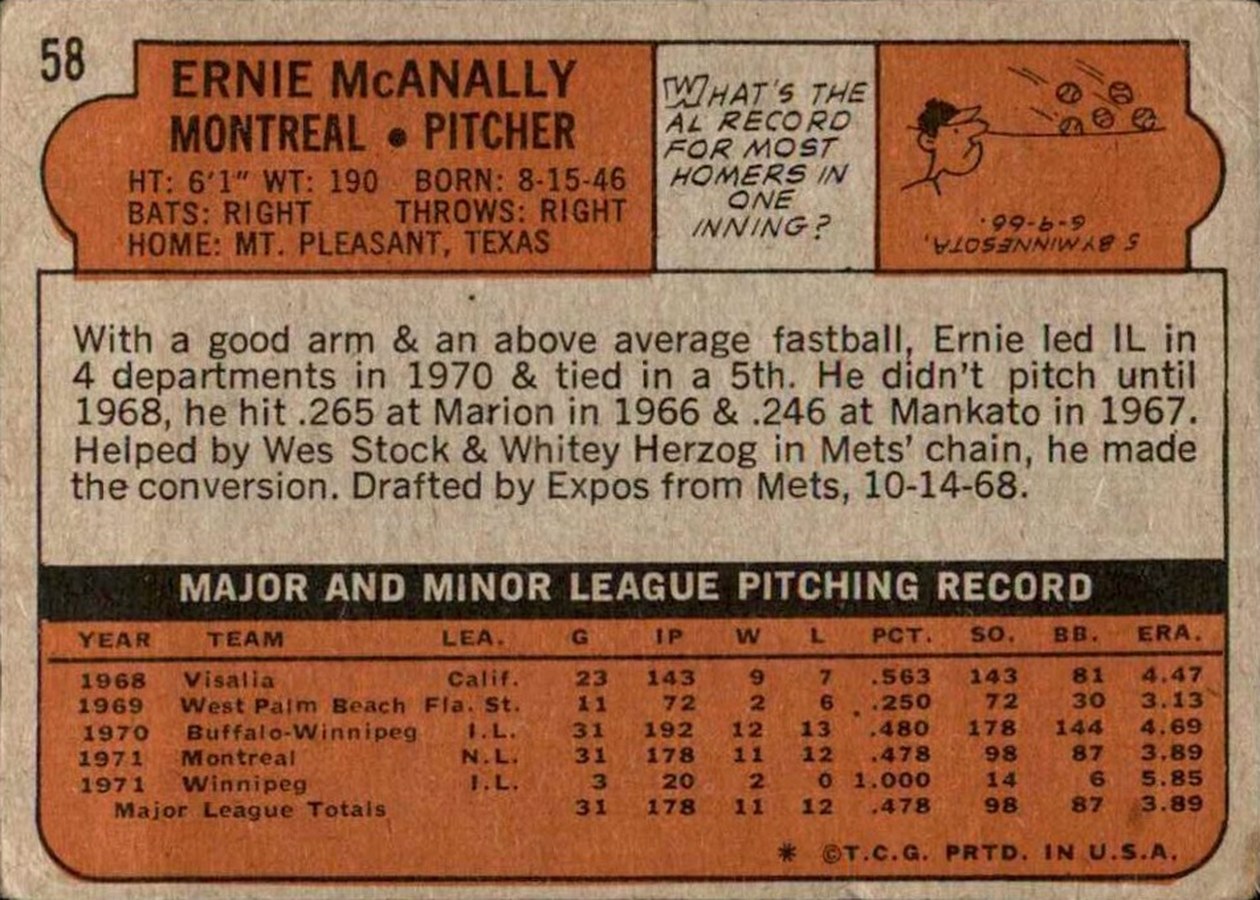 1972 Topps #58 Ernie McAnally card back