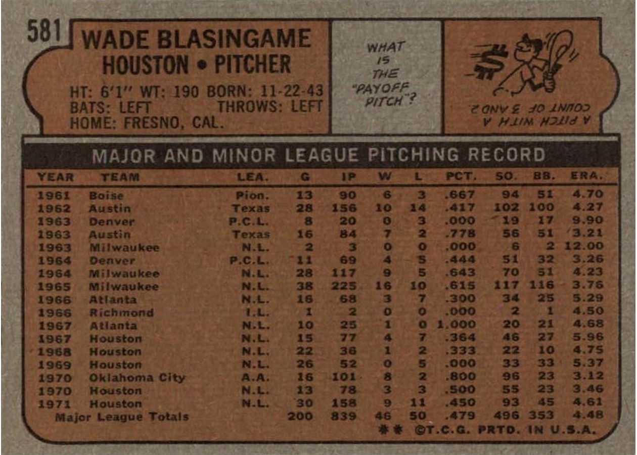 1972 Topps #581 Wade Blasingame card back