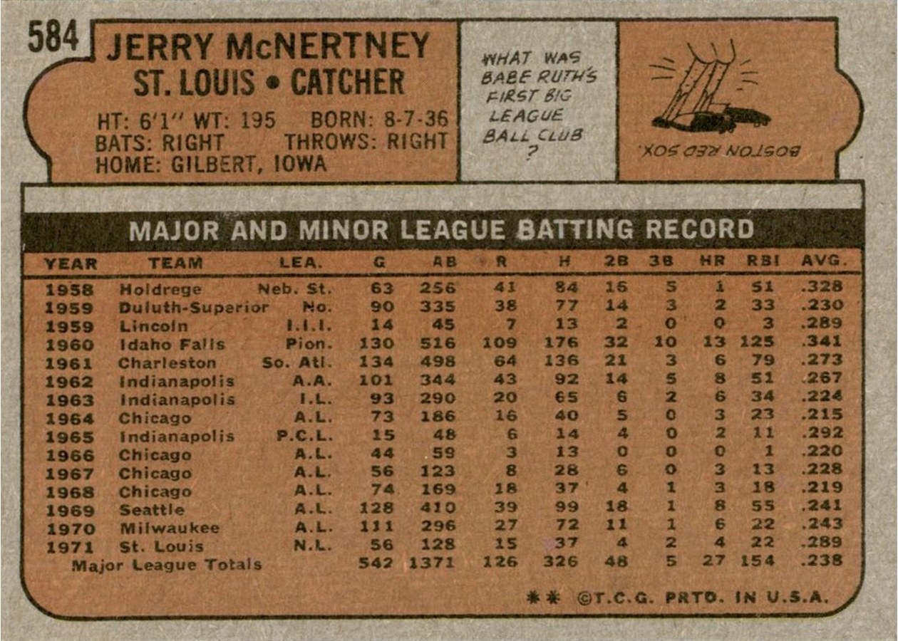 1972 Topps #584 Jerry McNertney card back