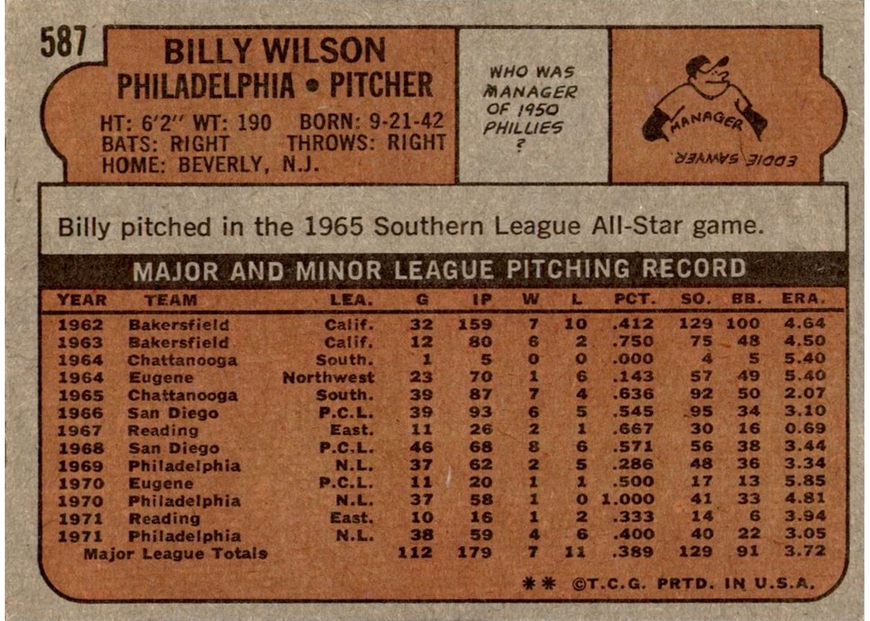 1972 Topps #587 Billy Wilson card back
