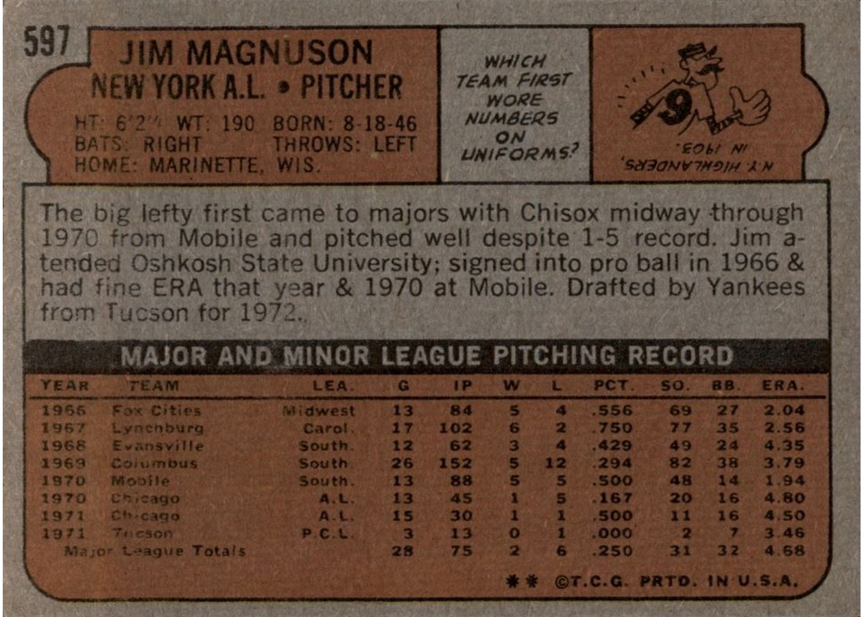 1972 Topps #597 Jim Magnuson card back