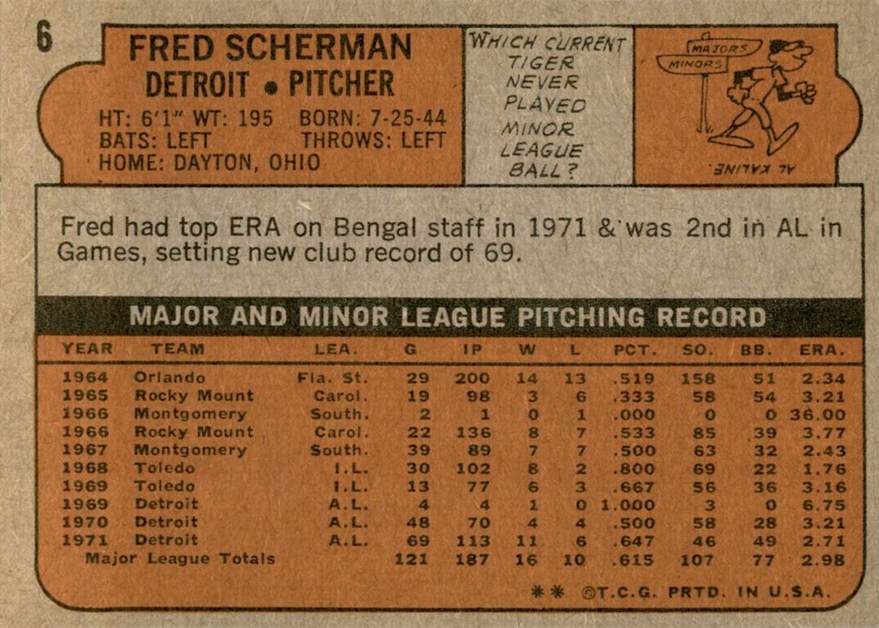 1972 Topps #6 Fred Scherman card back
