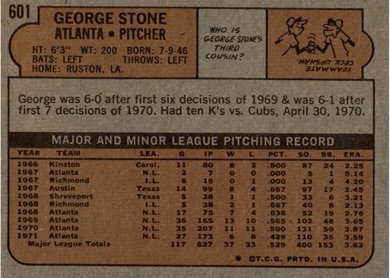 1972 Topps #601 George Stone card back