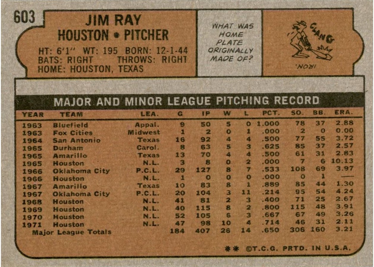 1972 Topps #603 Jim Ray card back