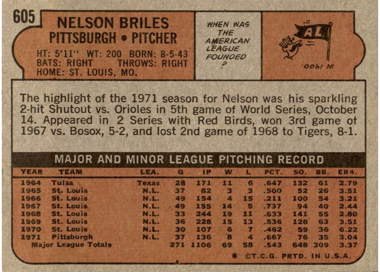 1972 Topps #605 Nelson Briles card back