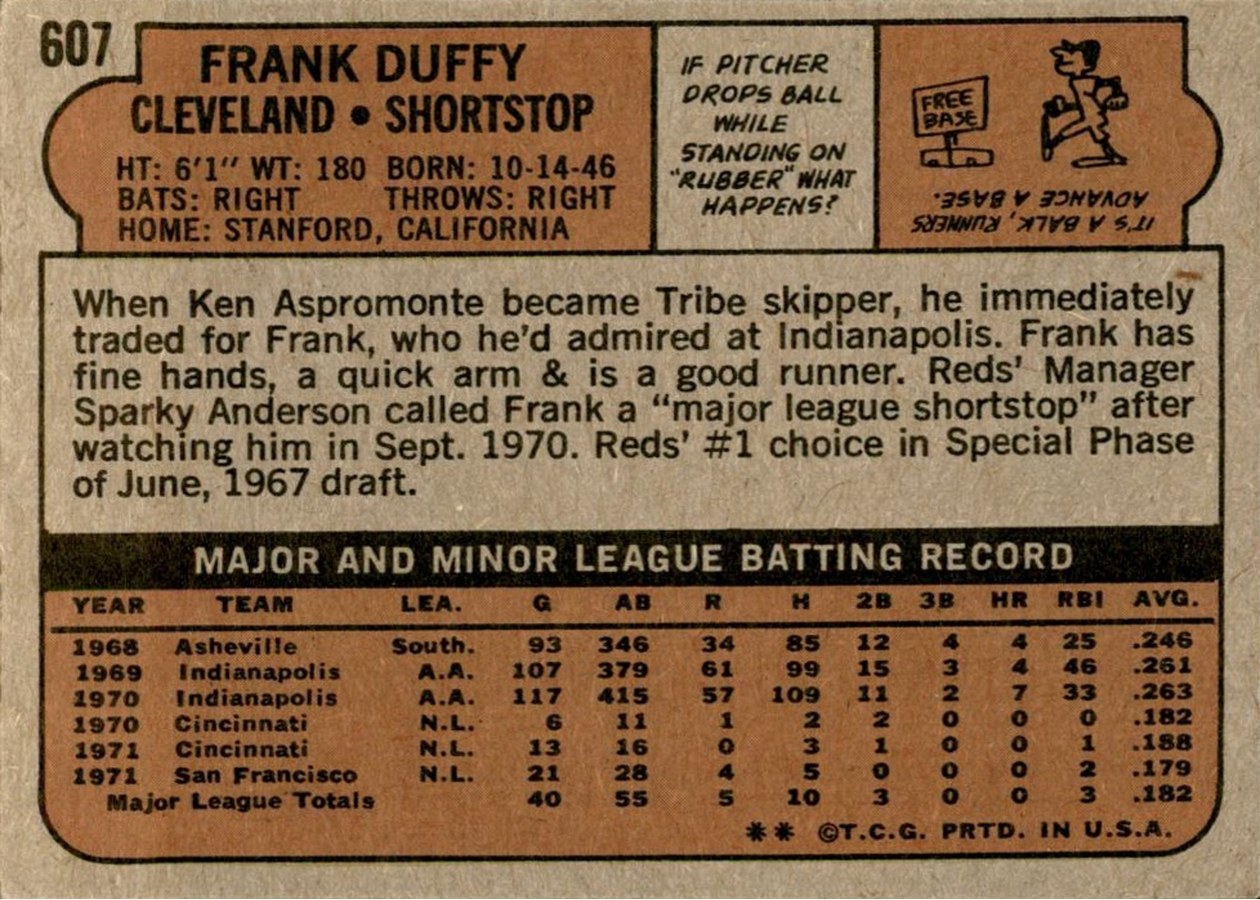 1972 Topps #607 Frank Duffy card back