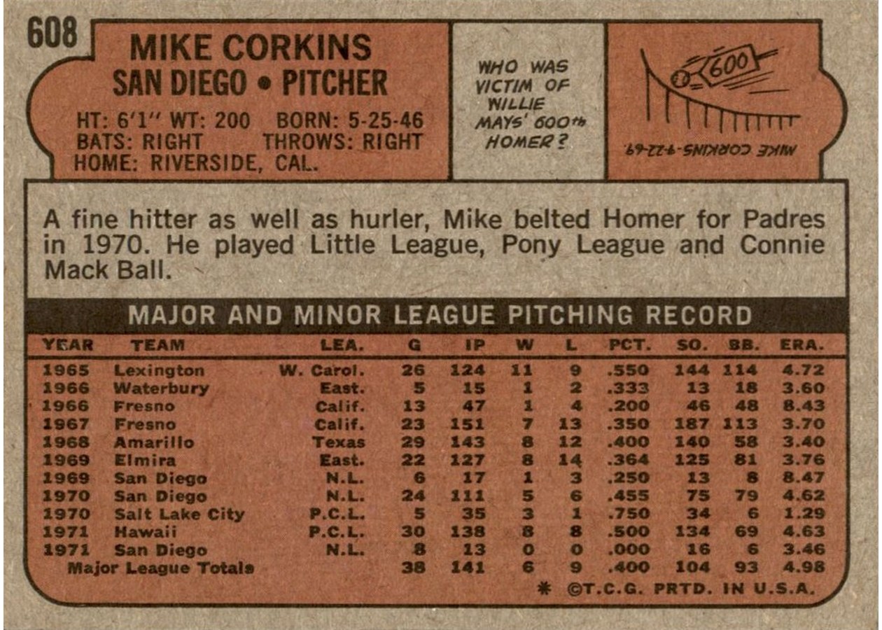 1972 Topps #608 Mike Corkins card back