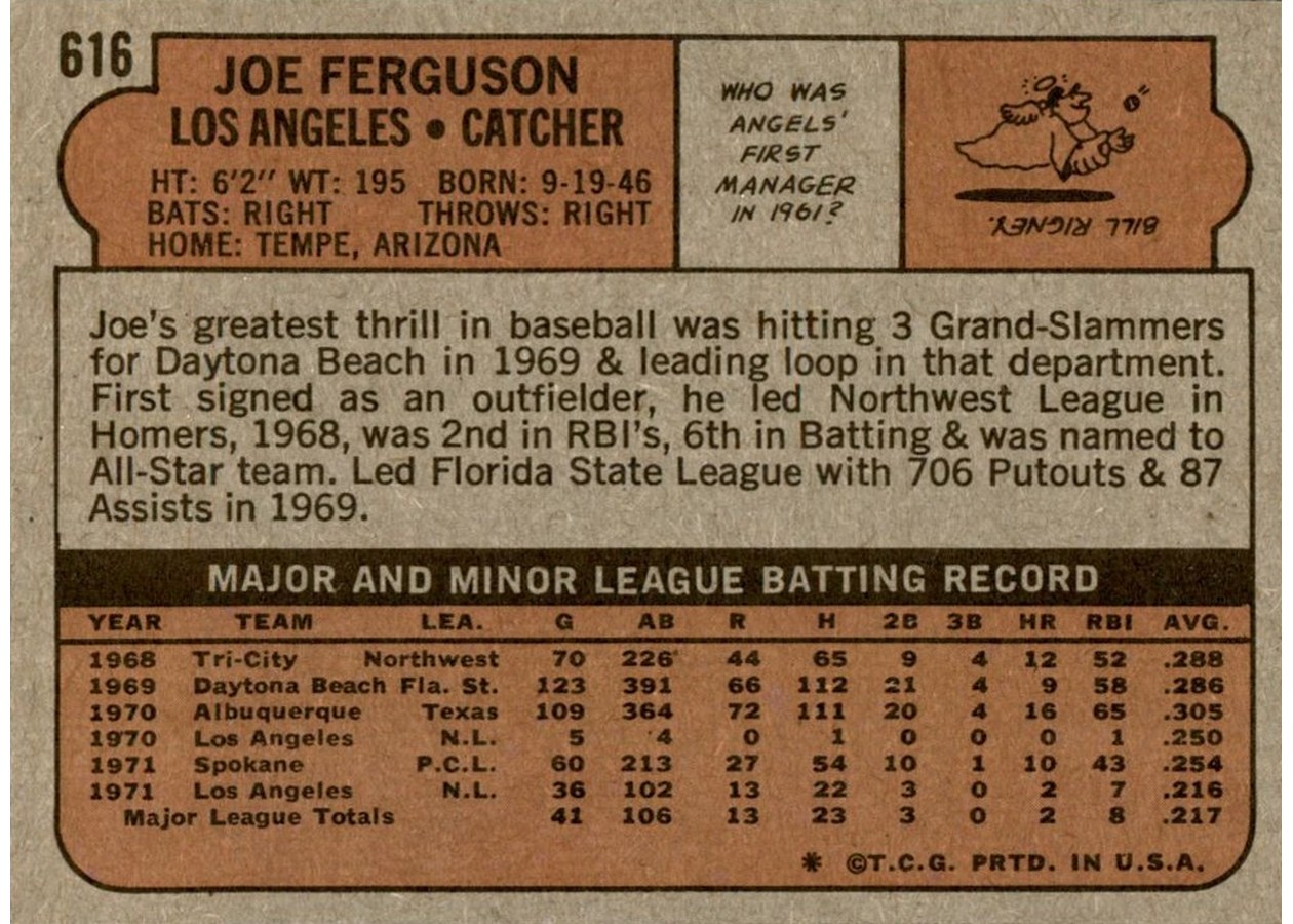 1972 Topps #616 Joe Ferguson card back