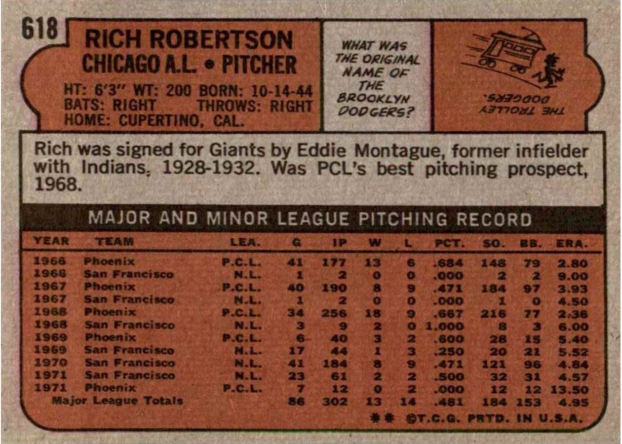 1972 Topps #618 Rich Robertson card back