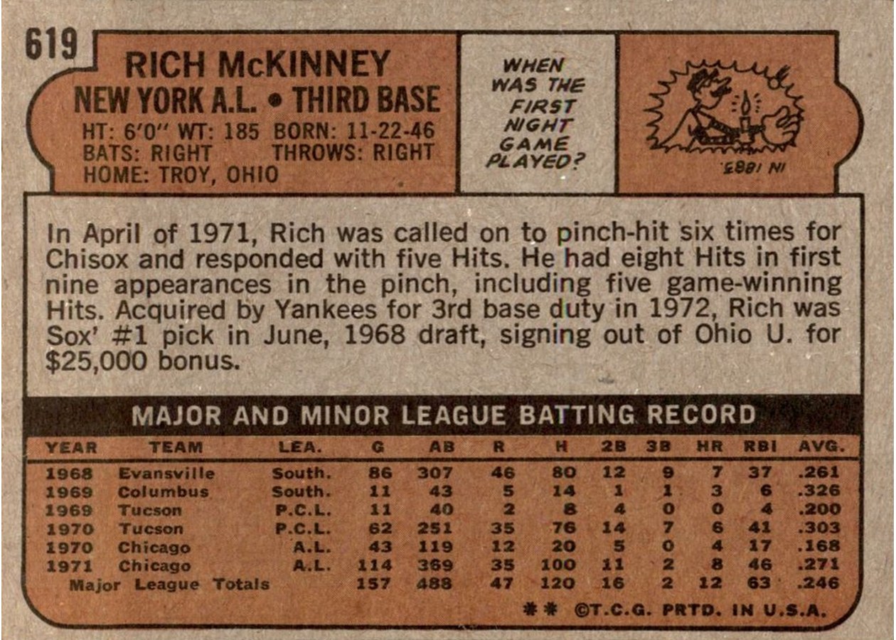 1972 Topps #619 Rich McKinney card back