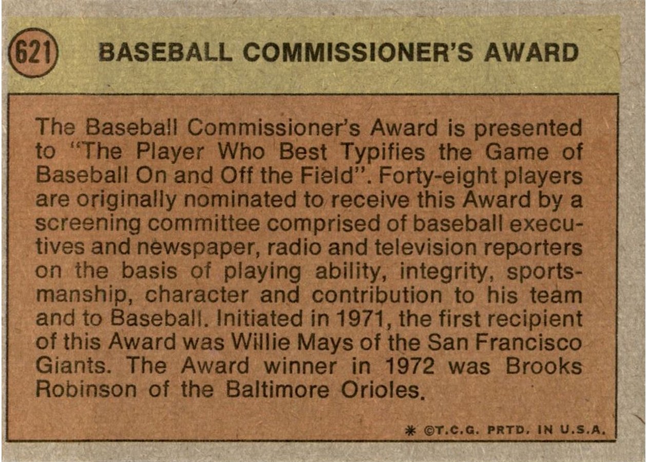 1972 Topps #621 Commissioners Award card back