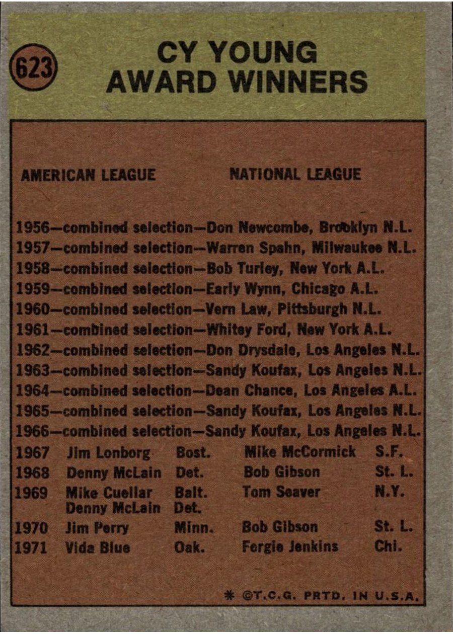 1972 Topps #623 Cy Young Award card back